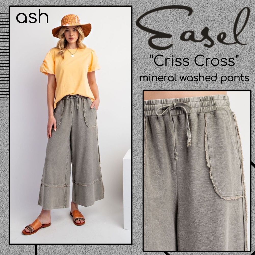 EASEL "Criss Cross" Cotton Mineral Washed Flared Wide Leg Cropped Palazzo Pants